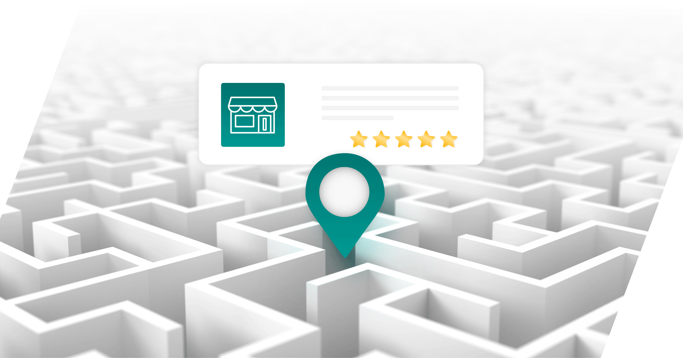 Google-My-Business_V2 Ein weißes Labyrinth, dessen Mitte ein Location-Icon ist, über dem eine 5-Sterne-Bewertung eines Google-Unternehmensprofils zu sehen ist