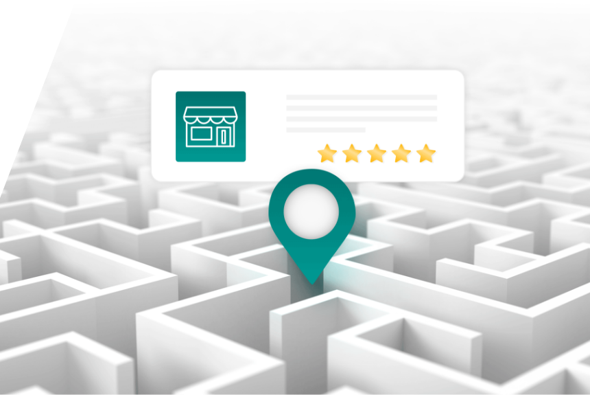 Ein weißes Labyrinth, dessen Mitte ein Location-Icon ist, über dem eine 5-Sterne-Bewertung eines Google-Unternehmensprofils zu sehen ist