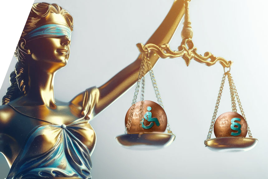 Eine goldene Justitia hat in den Waagschalen je eine Kugel mit dem Symbol eines Rollstuhls und eines Paragrafenzeichens. Dies soll das Thema Barrierefreiheitsstärkungsgesetz visualisieren.